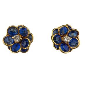 Gold Flower Rhinestone Stud Earrings‎ Blue Crystal Vintage Statement